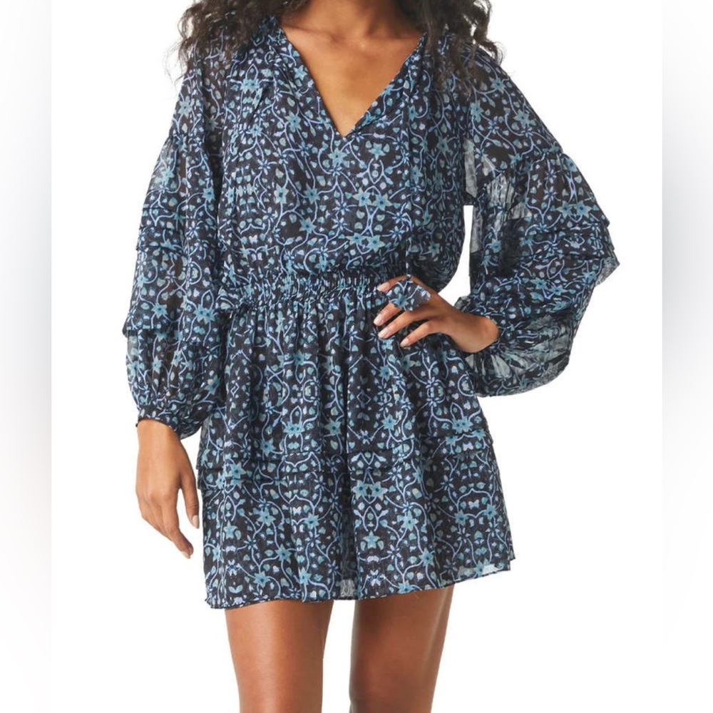 🆕 MISA Los Angeles Karlina Puff-Sleeve Split-Neck Printed Mini Dress - M